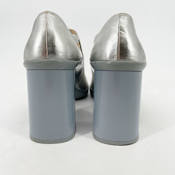 Prada F/W 2015 Silver Metallic Leather Mary Jane Rubber Trim Block Heels IT 37.5 - Picture 11 of 16